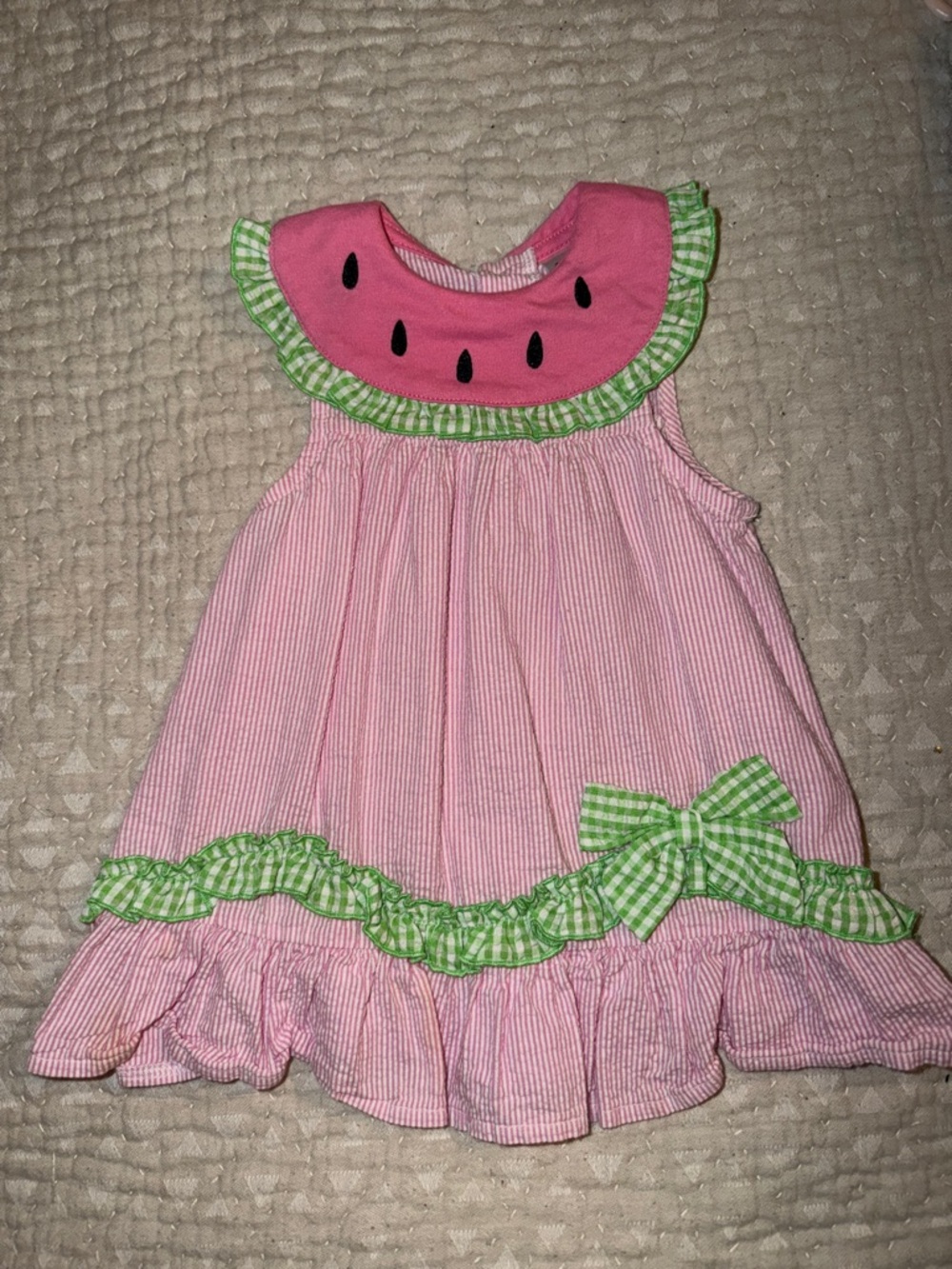 Toddler Watermelon seersucker Dress with Gingham Trim 18m